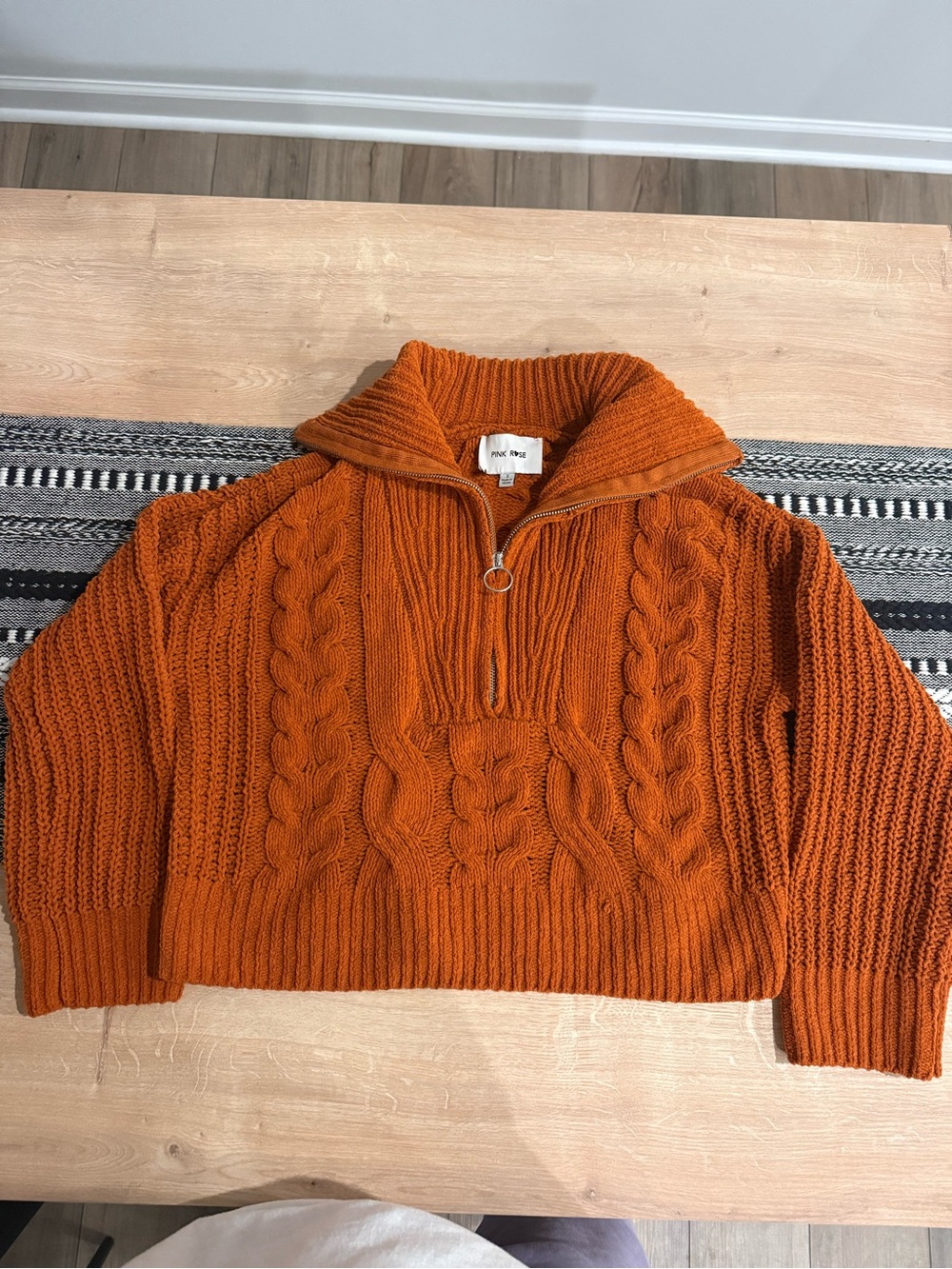 Pink Rose Cable Knit Half-Zip Turtleneck Sweater - Orange